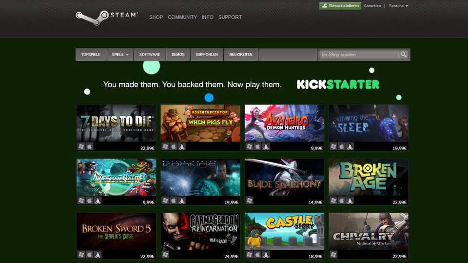 In einer eigenen Rubrik listete Steam vorrübergehend etwa 130 Kicktarter-finanzierte Titel auf.