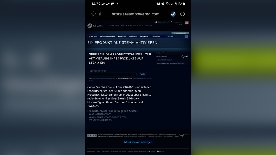 Für die Aktivierung eines Produktschlüssel könnt ihr auf eurem Smartphone die Browser-Version aufrufen. Im Guthabencode-Fenster (siehe oben) funktioniert das aber auch.