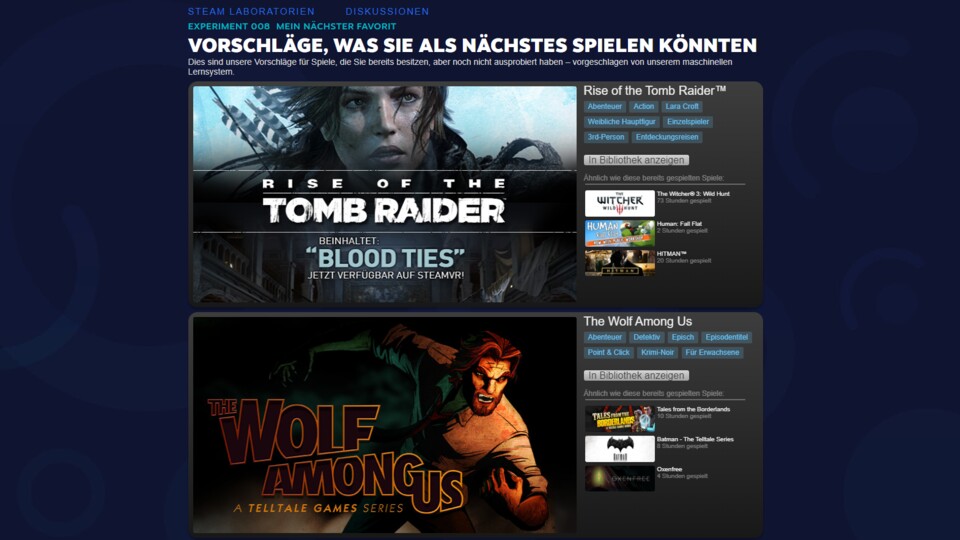 Die Tags an der Seite geben Aufschluss darüber, welche Verbindung Steam zu euren Lieblingsspielen herstellen konnte. Was Tomb Raider jedoch mit Human Fall Flat zu tun hat, ist zum Beispiel nicht ganz ersichtlich.