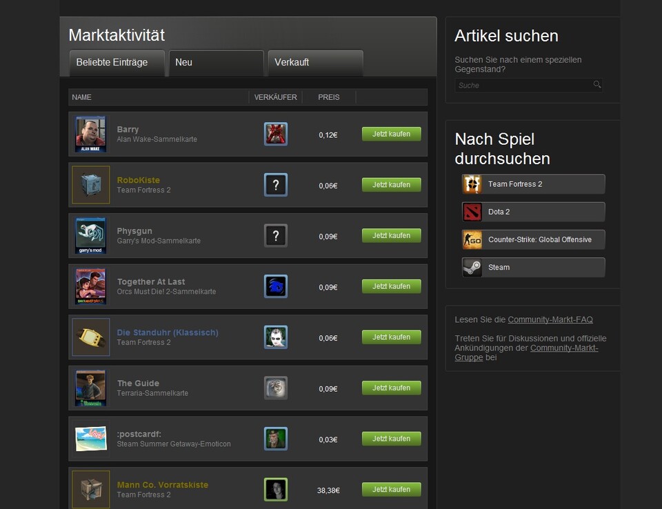 Im Marktplatz, zu erreichen in Steam unter „Community“ und dann „Markt“, können wir Karten kaufen und verkaufen.