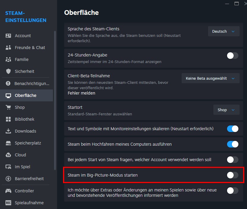 Hier lasst ihr Steam quasi im Konsolenmodus starten. Setzt den Haken auch bei »Steam beim Hochfahren meines Computers ausführen«, um möglcihst nah an das Konsolengefühl heranzukommen.