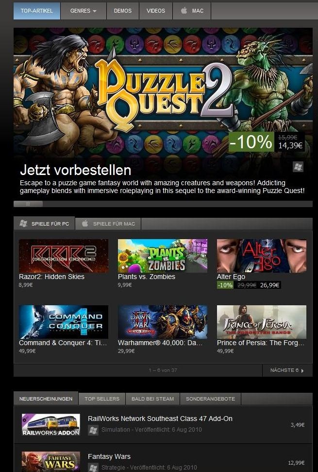 Auf Valves Vertriebsplattform Steam gibt’s nicht nur große Mainstream-Produktionen, sondern auch preiswerte Casual Games wie Puzzle Quest 2.