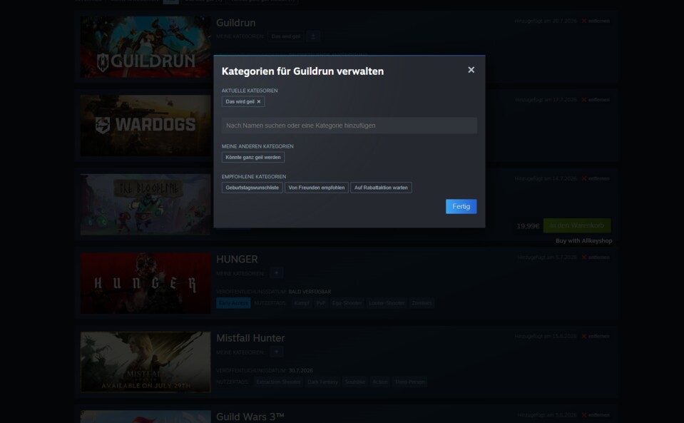Steam empfiehlt euch direkt einige Kategorien, ihr könnt aber auch euer eigenes System etablieren.