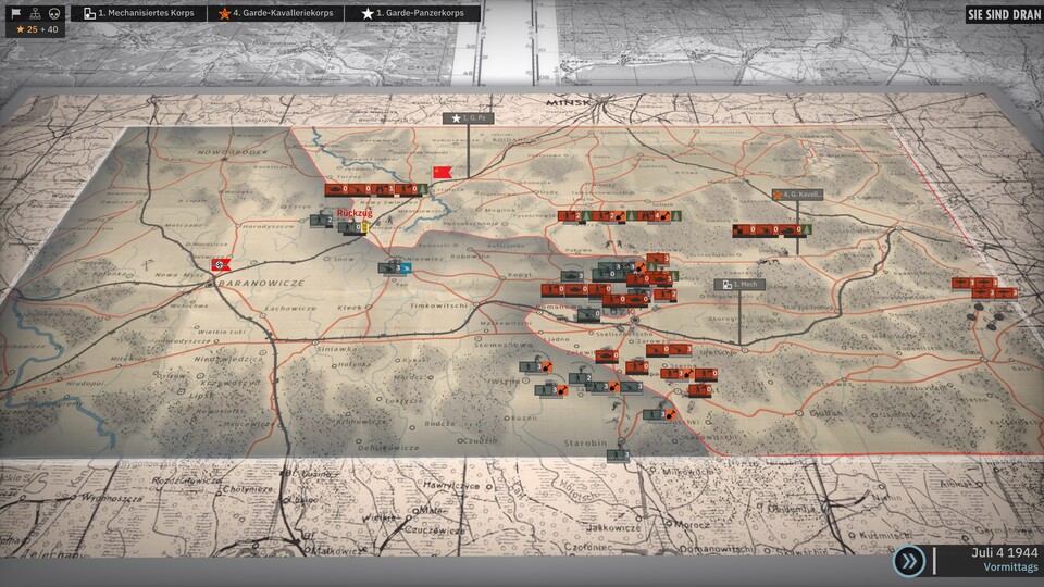 Der neue Spielmodus Army General: Auf dieser Kampagnenkarte ziehen wir unsere Truppen rundenweise in Stellung, bevor wir angreifen.