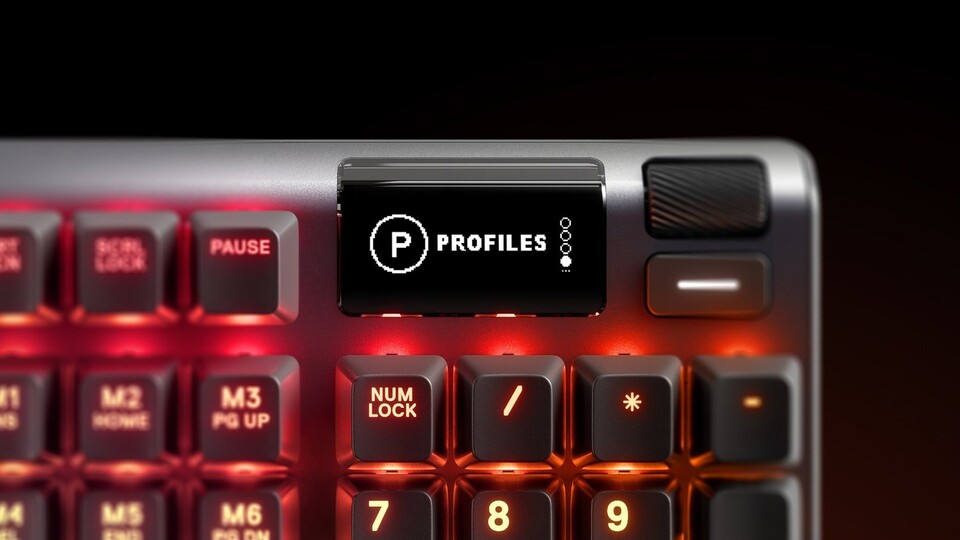 Möchte man nach kurzer Zeit gar nicht mehr missen: Das OLED-Display der SteelSeries Apex 7 liefert euch nützliche Infos während des Spielgeschehens!