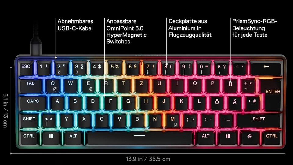 Die SteelSeries Apex Pro Mini Gen 3 im kompakten 60%-Layout – mehr Platz für weite Mausbewegungen und kompetitives Gaming.