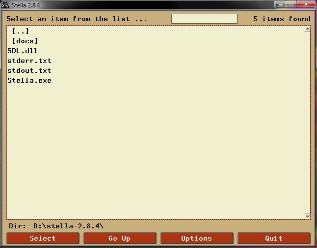 Nach der Installation oder dem Entpacken des Zip-Archivs lässt sich Stella starten und begrüßt den Anwender mit dem Inhaltsverzeichnis des Laufwerkes C:\ im sogenannten ROM-Launcher. Dieser Screenshot zeigt das Verzeichnis der aktuellen, stabilen Version 2.8.4 im ROM-Launcher an.