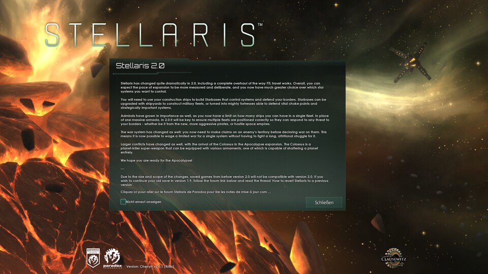 Die Texteinblendung zum Spielstart von Stellaris 2.0 reicht keinesfalls aus, um alle Änderungen zu erklären. Paradox sollte den Spielern den Einstieg erleichtern.