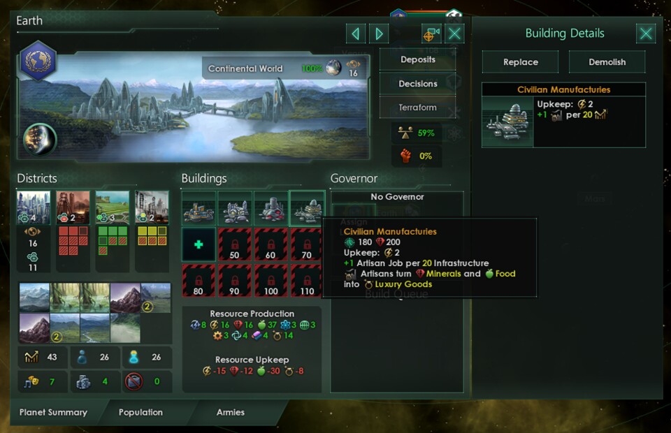 Per Mouseover erfahren wir, dass die Fabriken für zivile Güter Jobs pro Infrastrukturausbau geben und Luxusgüter produzieren. Stellaris-Fans wissen, dass Luxusgüter aktuell nicht im Spiel existieren. Ein Fingerzeig auf ein Wirtschafts-Addon, passend zu Patch 2.2?