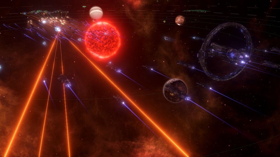 So gut können Raumschlachten aussehen. In Stellaris könnt ihr eure Schiffe mit Lasern, Raketen und diversen anderen Kanonen ausrüsten.