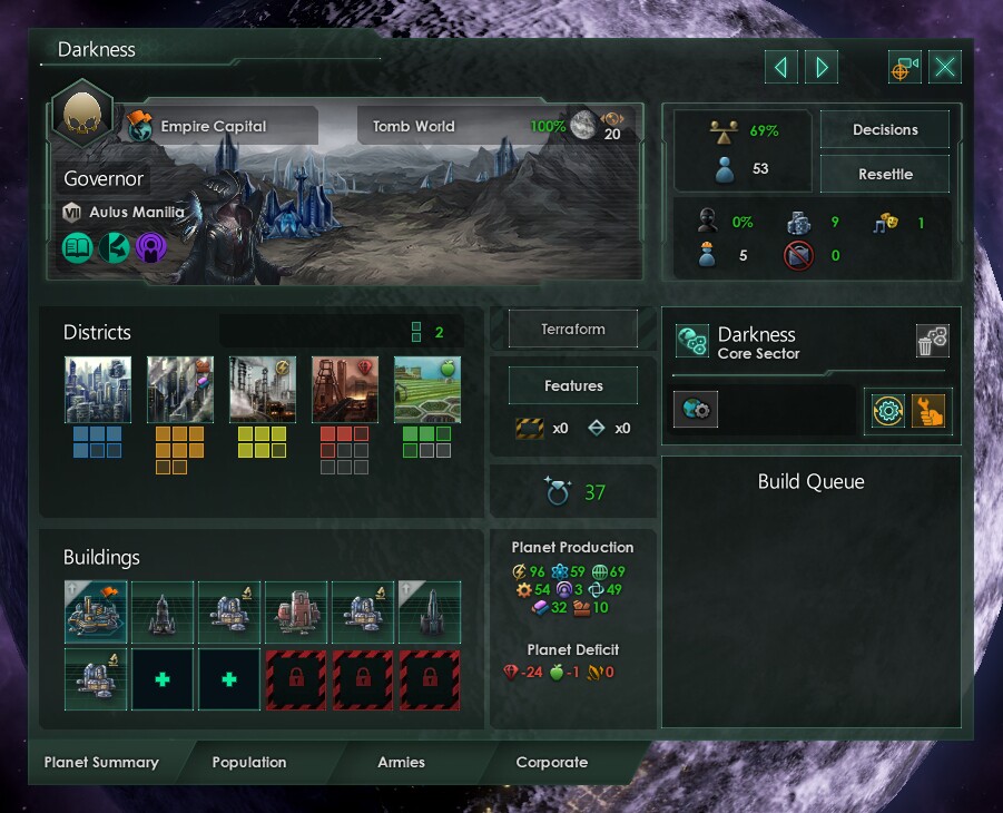Auf Planeten gibt es jetzt weniger Bauplätze, neu sind dafür die Industriebezirke. Deren Output kann ich mit einer politischen Entscheidung anpassen: Entweder produzieren sie gleich viele Konsumgüter und Legierungen - oder mehr vom einen zulasten des anderen.