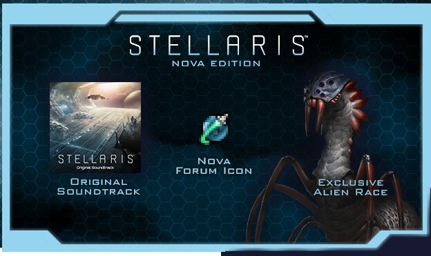 Stellaris erscheint in drei verschiedenen Editionen. Die Nova-Version enthält den Soundtrack, eine Alien-Rasse (kosmetischer DLC) und ein Forum-Icon.