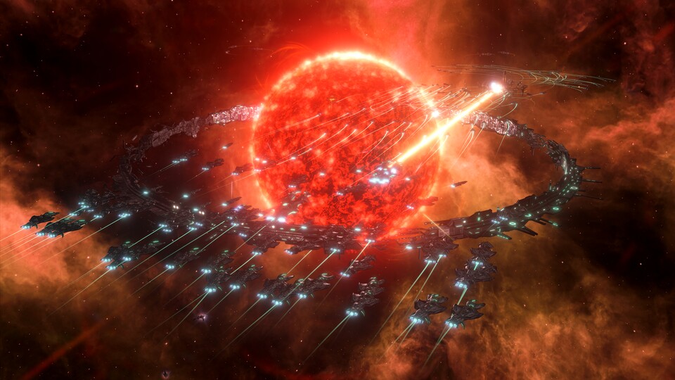 Stellaris kann wundervoll aussehen. Hier attackiert unsere Flotte eine feindliche Ringwelt.