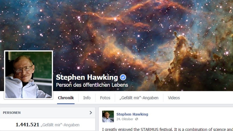 Stephen Hawking ist nun auch bei Facebook vertreten und schreibt dort auch selbst Beiträge.