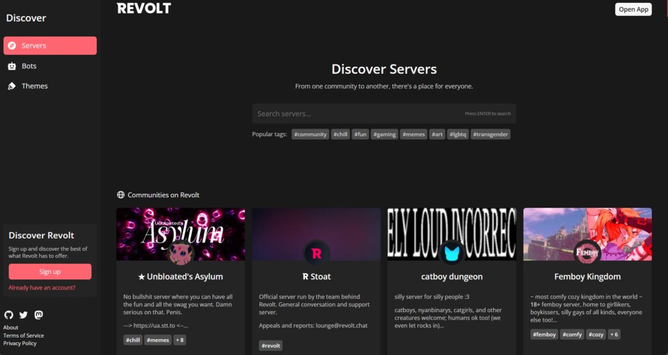 Stoat (hier noch Revolt) erinnert im Design doch stark an Discord. (Bildquelle: stoat.chat)