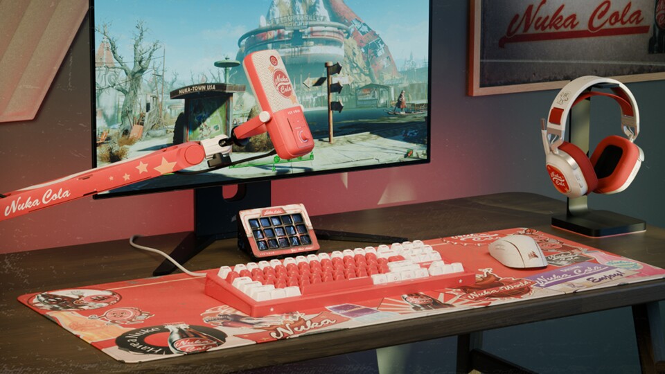 So könnnte euer Gaming-Setup aussehen, wenn ihr euch die komplette Nuka-Cola-Edition von Corsair zulegt.