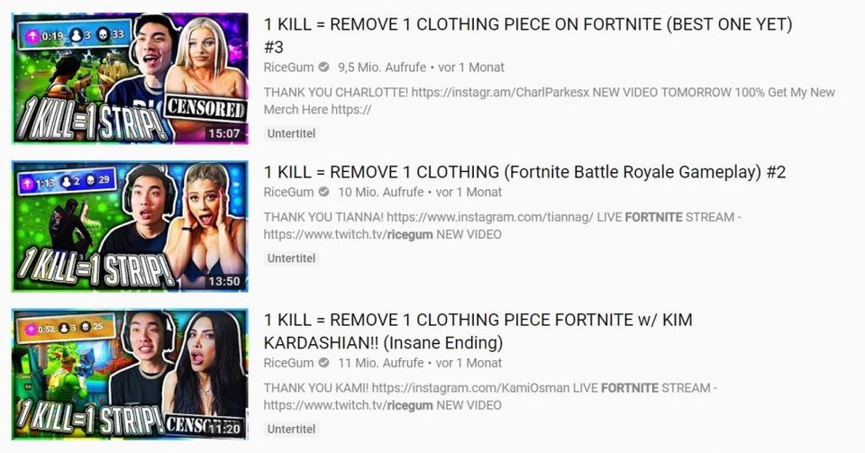 Insgesamt 37 Millionen Aufrufe hat der YouTube RiceGum auf seinen Strip-Fortnite-Videos. Florian Heider denkt, dass die meisten zu jung sind, um die Regeln von YouTube zu verstehen.