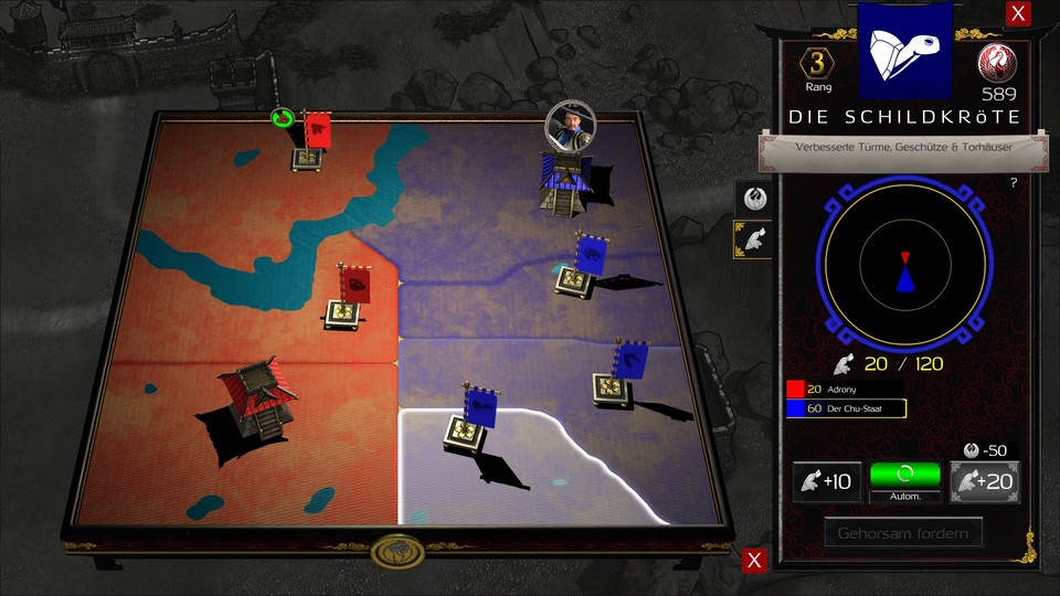 Jede Karte ist in Zonen unterteilt, einige werden von den Warlords gehalten. Vergrößern können wir unsere Zone aber nicht, selbst wenn wir den Warlord erobern. 
