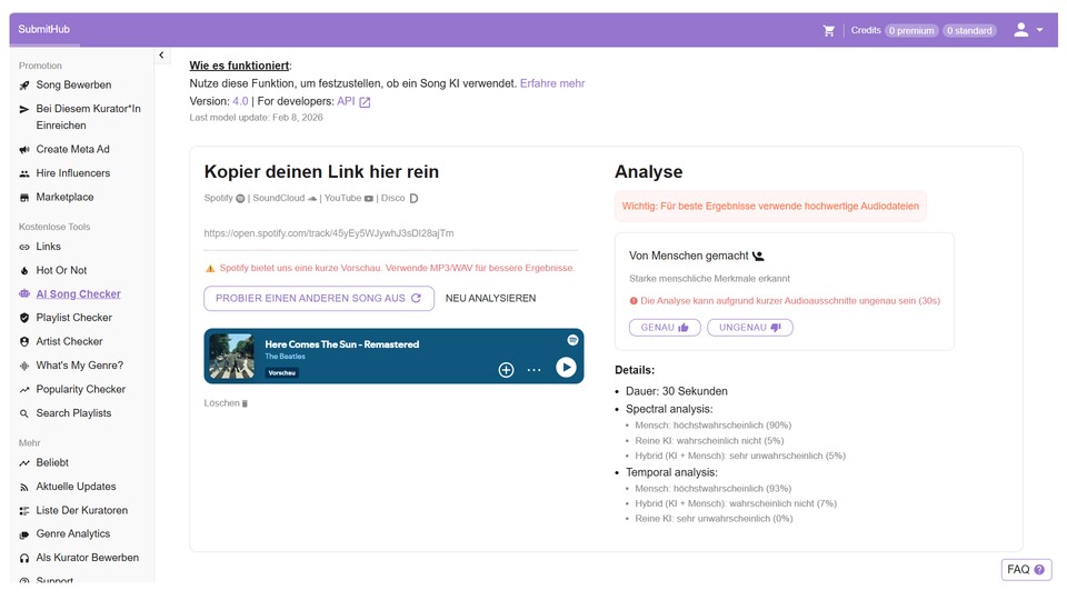 SubmitHub ist eines der genauesten KI-Erkennungs-Tools und schlüsselt euch seine Analyse kompakt auf. (Bildquelle: Aaron Hofmann GameStar Tech; SubmitHub)