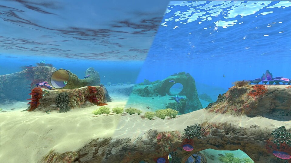 Das Unterwasserspiel Subnautica hat ein umfangreiches Update erhalten. Der Patch H2.0 hat vor allem die Wasserengine überarbeitet. (Rechts im Bild)