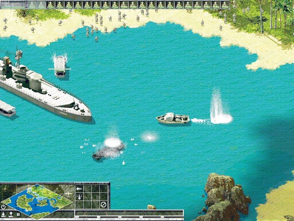Beim Übersetzen unserer Pixel-Japaner nimmt ein geschickt platziertes US-Kriegsschiff die Landungsboote unter Feuer. Von rechts kommt ein flinkes Kanonenboot herangebrettert, das schon eine unserer wertvollen Infanterie-Fähren (Mitte) gnadenlos versenkt hat.