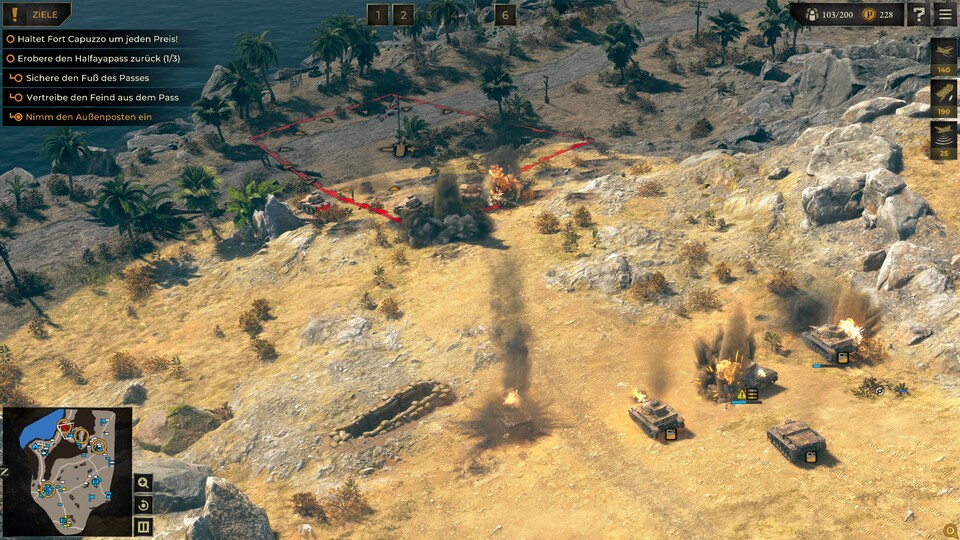 Mit Panzern und Artillerie schießen wir in Nordafrika von erhöhter Stellung auf den Posten unten an der Straße. Die Briten wehren sich nach Kräften.