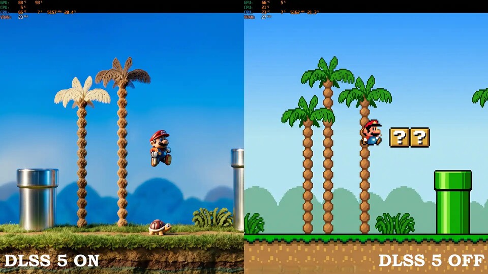 Ich hätte große Lust, Super Mario in der links zu sehenden Grafik zu spielen. Doch auch DLSS 5 kann so eine Optik nicht aus dem Originalbild rechts herbeizaubern. (Bild: gamegpu.com)