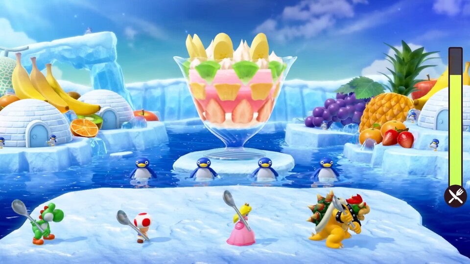 Manchmal geht es in den Minispielen von Super Mario Party Jamboree auch winterlich zu.