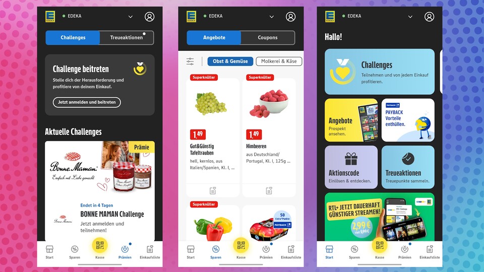 Die Edeka-App bietet viele Funktionen und regelmäßige Challenges. (Bildquelle: GameStar Tech)