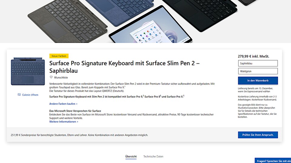 Nichts für Sparfüchse: Das Surface Pro 9 ist schon kein Schnapper, das Zubehör treibt den Preis dann noch mal ordentlich nach oben. Prüft vor dem Kauf, ob günstigere Alternativen für euch vielleicht bereits ausreichen.