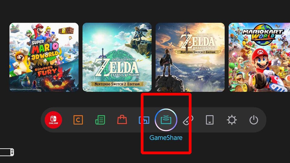 Die GameShare-App findet ihr im Hauptmenü eurer SwitchSwitch2-Konsole.