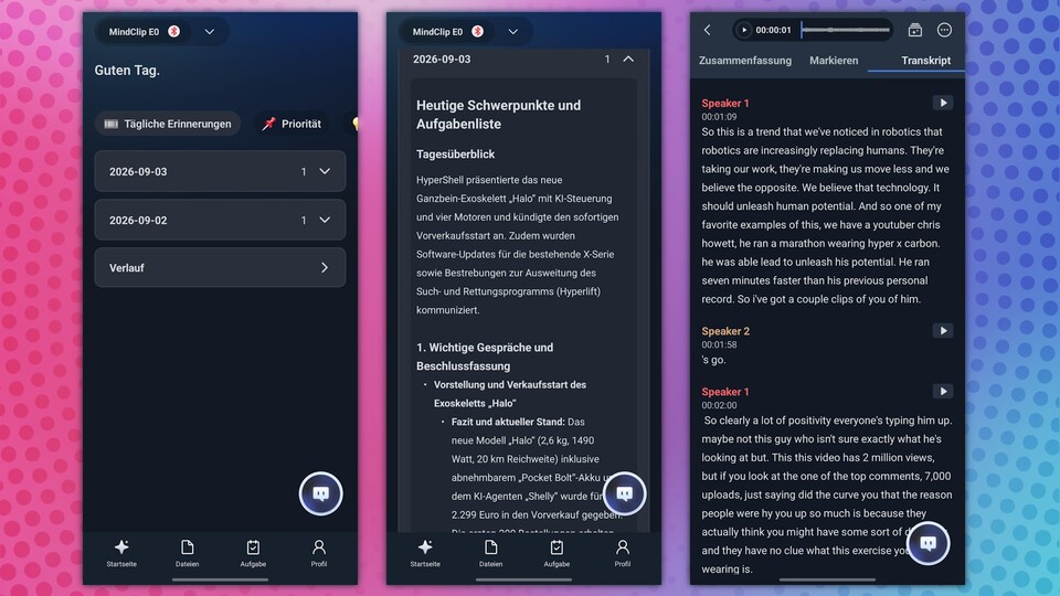 Die App des Switchbot MindClips ist übersichtlich gestaltet und lässt auch einen Einblick in die erfasste Transkription zu. (Bildquelle: GameStar Tech)
