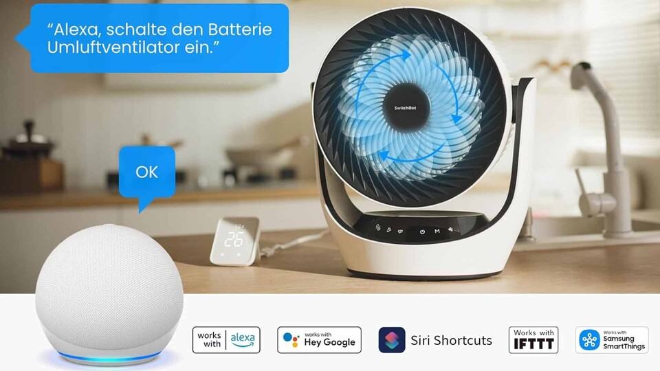 Mit Alexa, Google Assistant oder Siri lässt sich der Ventilator per Sprachbefehl steuern – allerdings braucht ihr dafür den separat erhältlichen SwitchBot Hub.