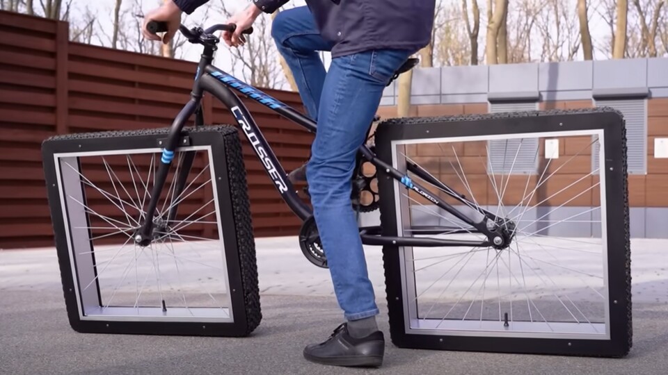 Ein echtes Novum auf dem Zweirad-Markt: das Velo mit quadratischen Reifen!