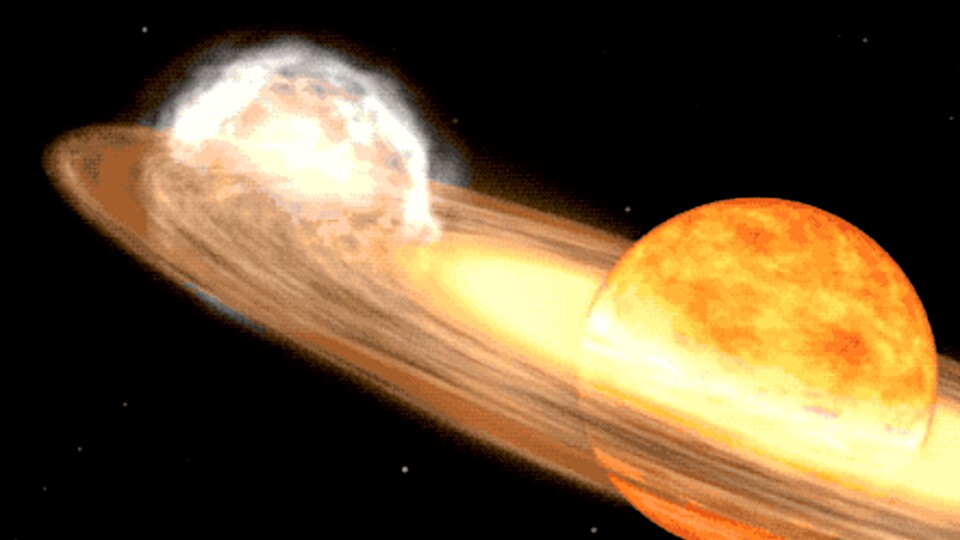 So könnte es während der Nova des ungleichen Duos in fast 3.000 Lichtjahren Entfernung ausschauen - eine künstlerische Darstellung auf Basis wissenschaftlicher Fakten. (Quelle: NASA)