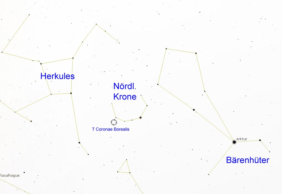 Eine Aufsuchkarte für T Coronae Borealis. Sucht die genannten Sternbilder und inmitten von ihnen sollte die Nova zu sehen sein. Quelle: Olbers Planetarium, Bremen