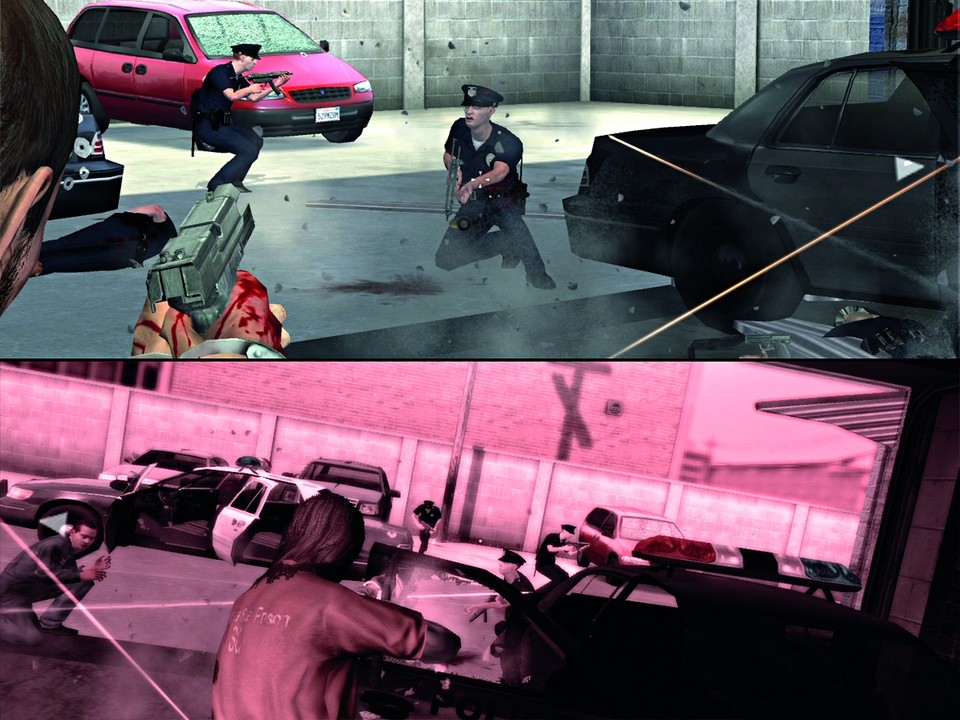 Der Splitscreen-Modus im Koop-Spiel: Während Kane oben Polizisten aufs Korn nimmt, gibt Lynch unten Feuerschutz. Der zweite Spieler muss seinen Charakter zwingend mit dem Xbox-360-Gamepad steuern. 