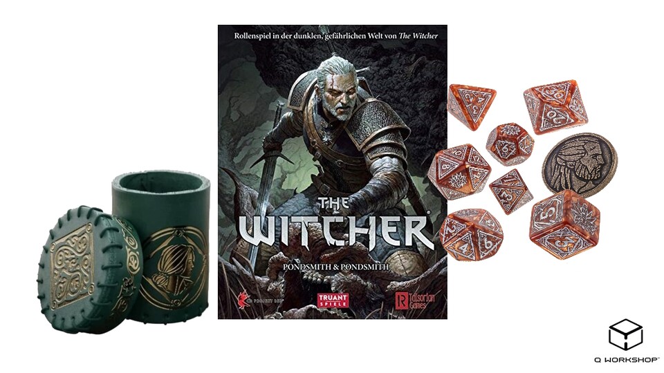 Hier im Bild zu sehen ist das Witcher-Rulebook, der Triss-Würfelbecher und Geralt – The Monster Slayer-Würfelset mit Münze.