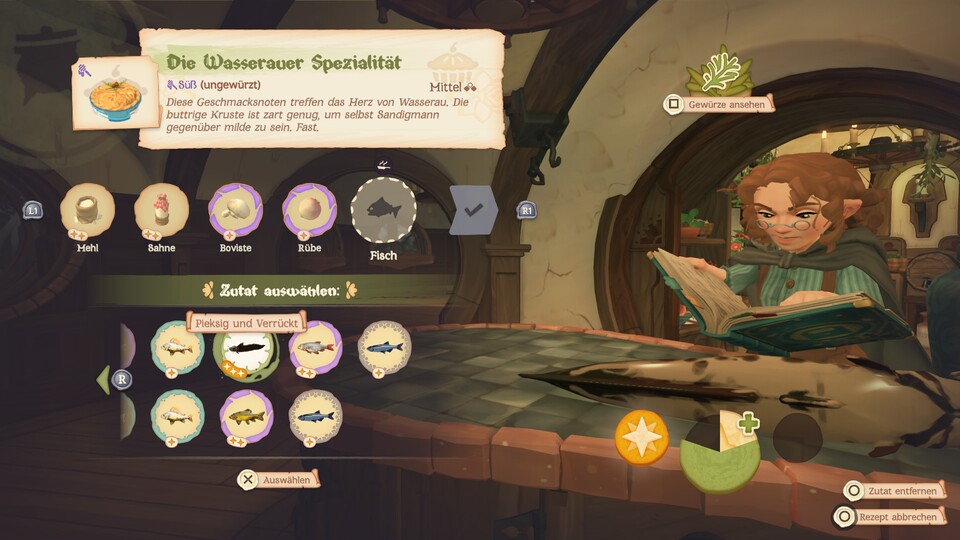 Unten rechts seht ihr die drei Sterne, die ausgefüllt werden können. Eine 1-Stern-Zutat bringt euch ein Viertel weiter, eine 2-Sterne-Zutat eine Hälfte und eine 3-Sterne-Zutat sogar ein drei Viertel.