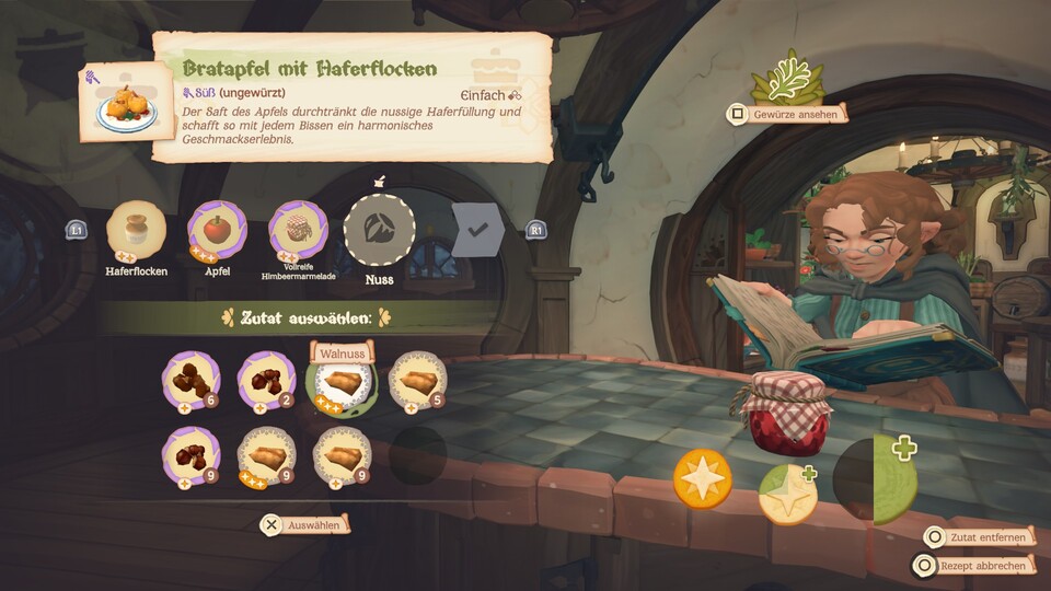 Um noch eine andere Note in das Gericht zu bringen, wählen wir bei dem Bratapfel mit Haferflocken neben den süßen Zutaten noch eine herbe Nuss aus.