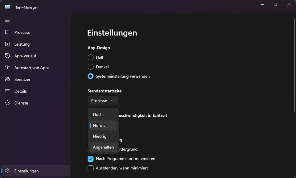 In den Einstellungen des Task-Managers könnt ihr auch dauerhaft die Aktualisierungsgeschwindigkeit verändern.