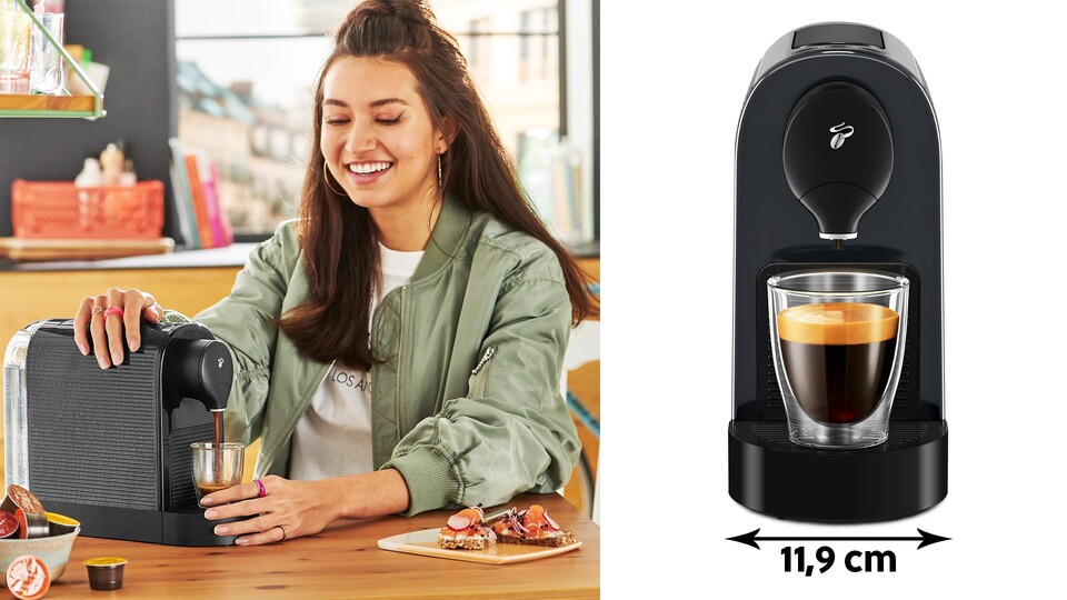 Mit nur 11,9 cm Breite passt der Tchibo Cafissimo Pure Plus selbst in das engste WG-Zimmer.