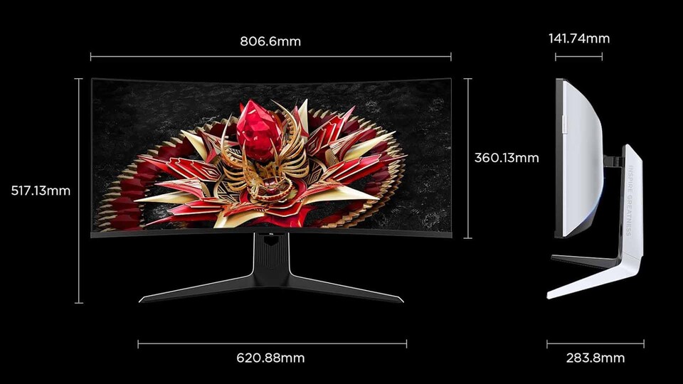 Wie ihr seht, nimmt der Monitor mit seinen 34 Zoll ordentlich Platz ein – für winzige Schreibtische ist er also nichts.