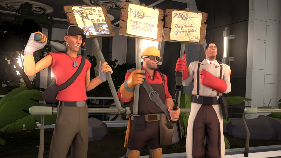 »Sie klauen unsere Jobs« - Der Reddit-User 9joao6 inszeniert einen Ingame-Protest gegen Overwatch in Team Fortress 2.