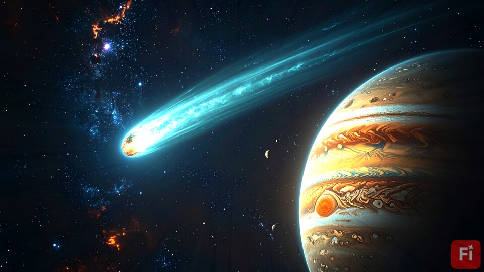 Nur eine Stippvisite und doch bedeutsam: 3IATLAS am Jupiter. Im Anschluss wartet die dem Kometen wohlvertraute Schwärze des Alls.
(Bildquelle: Adobe Firefly, generative KI)