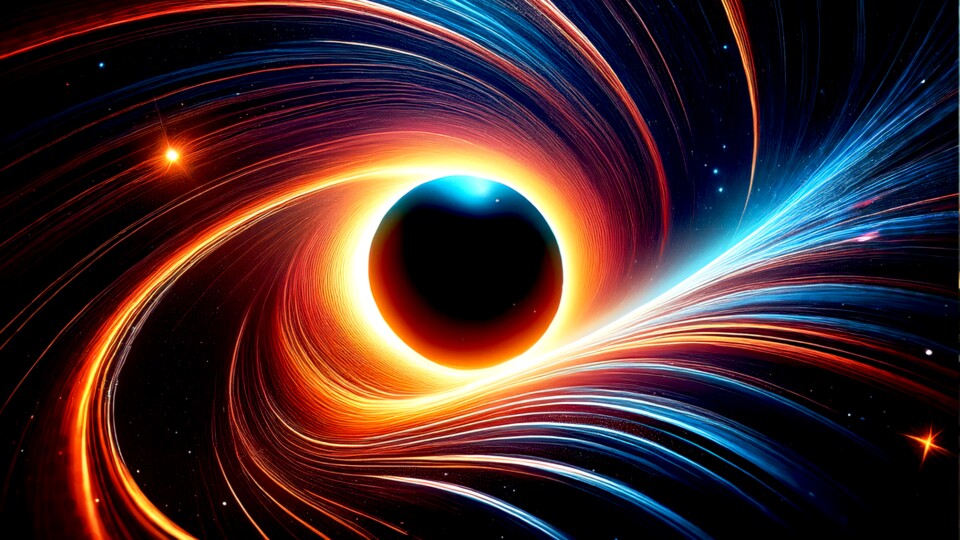 Ein schwarzes Loch braucht keine direkte Nähe zu Objekten, um unsere Wahrnehmung von ihnen zu beeinflussen. Seine Masse verzerrt das Universum. (Bildquelle: Adobe Firefly, generative KI)