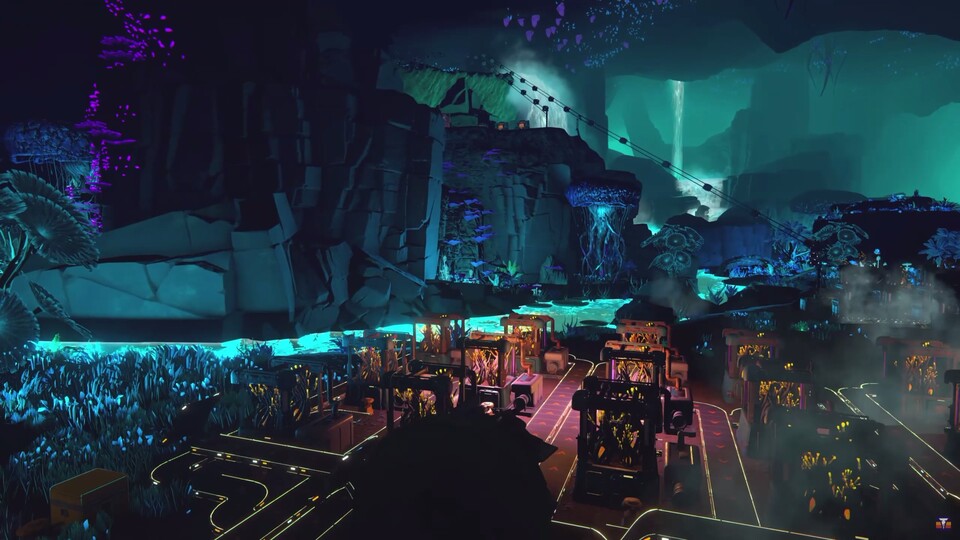 Im Hintergrund ist deutlich eine Seilbahn mit Items erkennbar. Neben der Industrie erhellt die Flora die Umgebung.