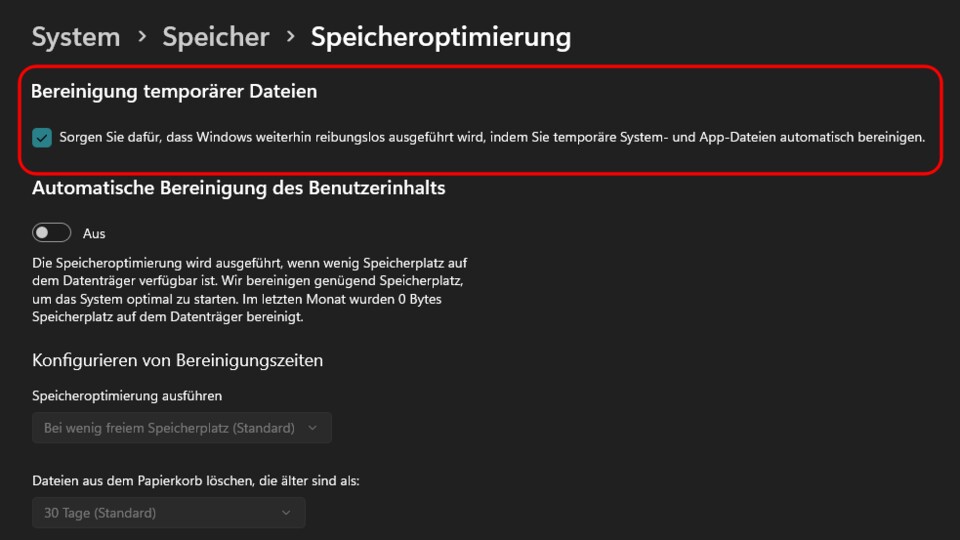 Mit dem Aktivieren dieser Funktion, löscht Windows automatisch tempoäre Dateien, die nicht mehr benötigt werden.
