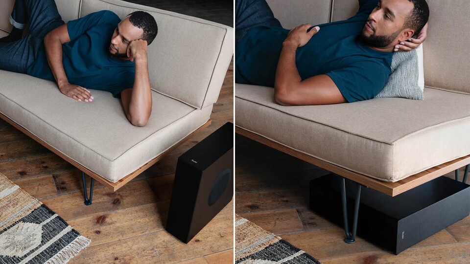 Smart designt: Der flache Subwoofer kann auch unter der Couch positioniert werden für maximalen Effekt: Da wird das Gesäß schön durchmassiert.