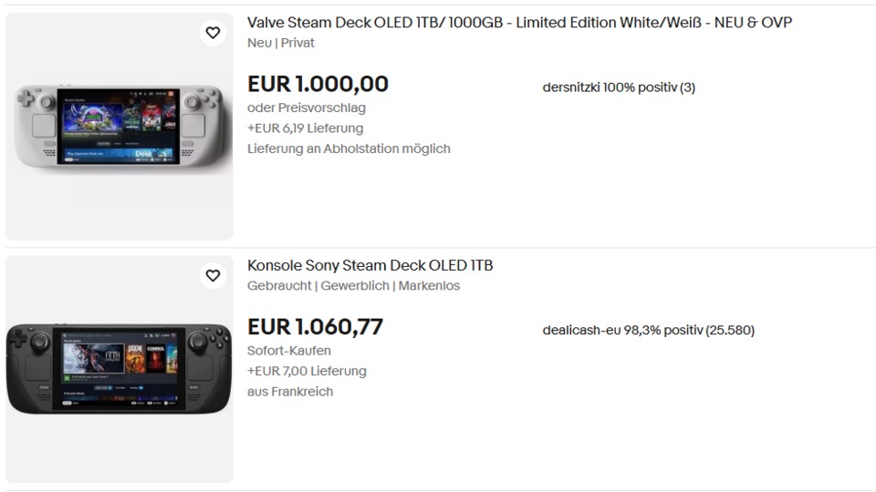 Screenshot von eBay am 20.02.2026. Steam Decks werden für über 1.000 Euro angeboten.